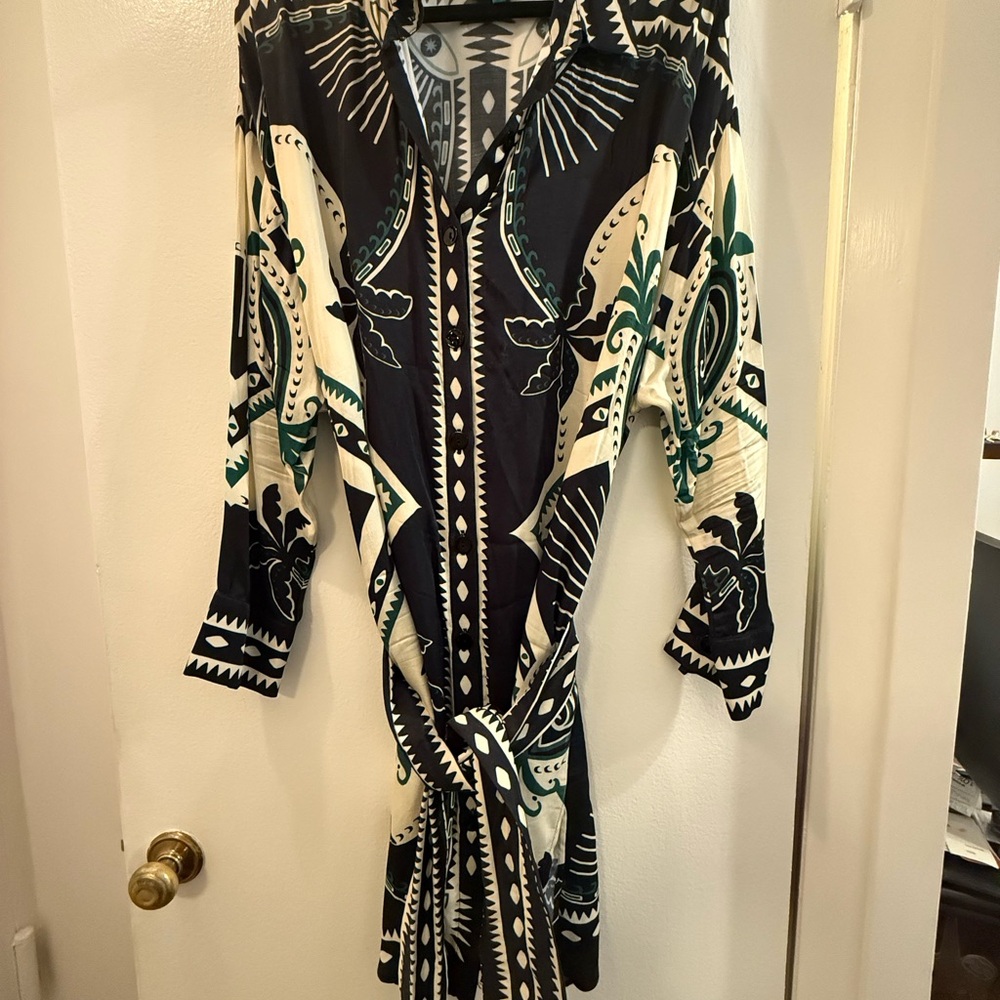 Black and Cream Long Sleeve Wrap Dress with Notched Collar